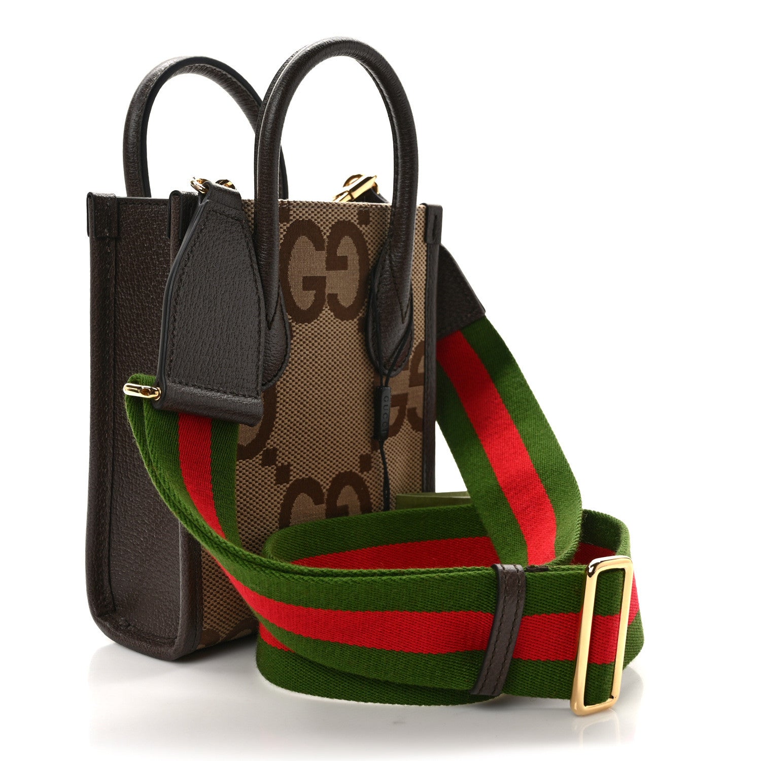 Gucci Monogram Jumbo GG Textured Dollar Calfskin Web Mini Vertical Tote Camel Ebony New Acero 3 of 10