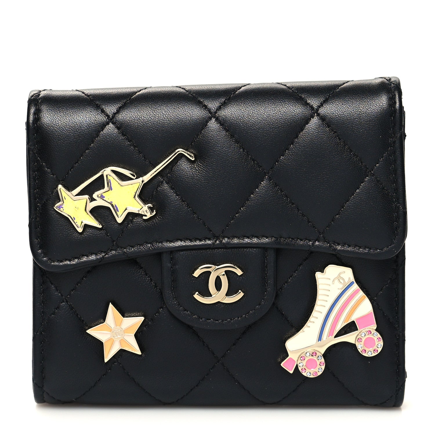 Chanel Lambskin Enamel Quilted Roller Skate Compact Flap Wallet Black 1 of 9