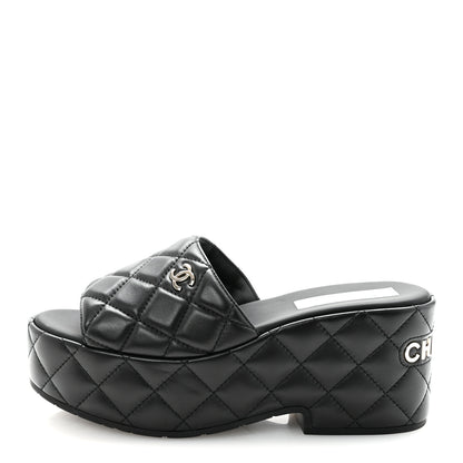 Chanel Lambskin Quilted CC Mules Wedge Sandals 39 Black 1 of 10