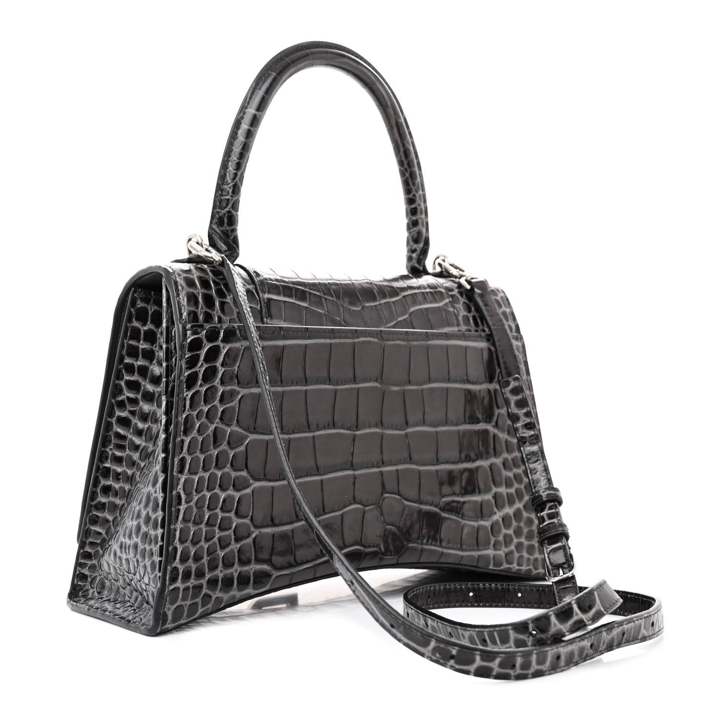 Shiny Calfskin Crocodile Embossed Medium Hourglass Top Handle Bag Dark Grey