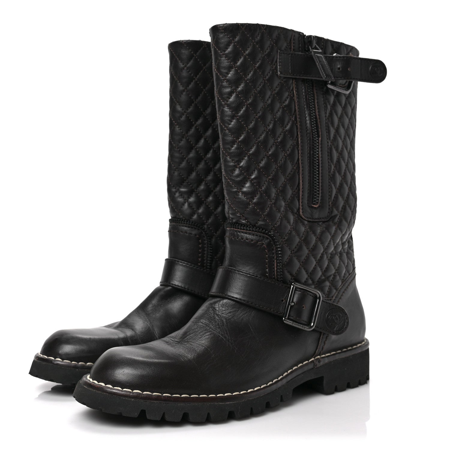 Chanel Calfskin Quilted Biker Boots 37.5 Brown 3 of 7