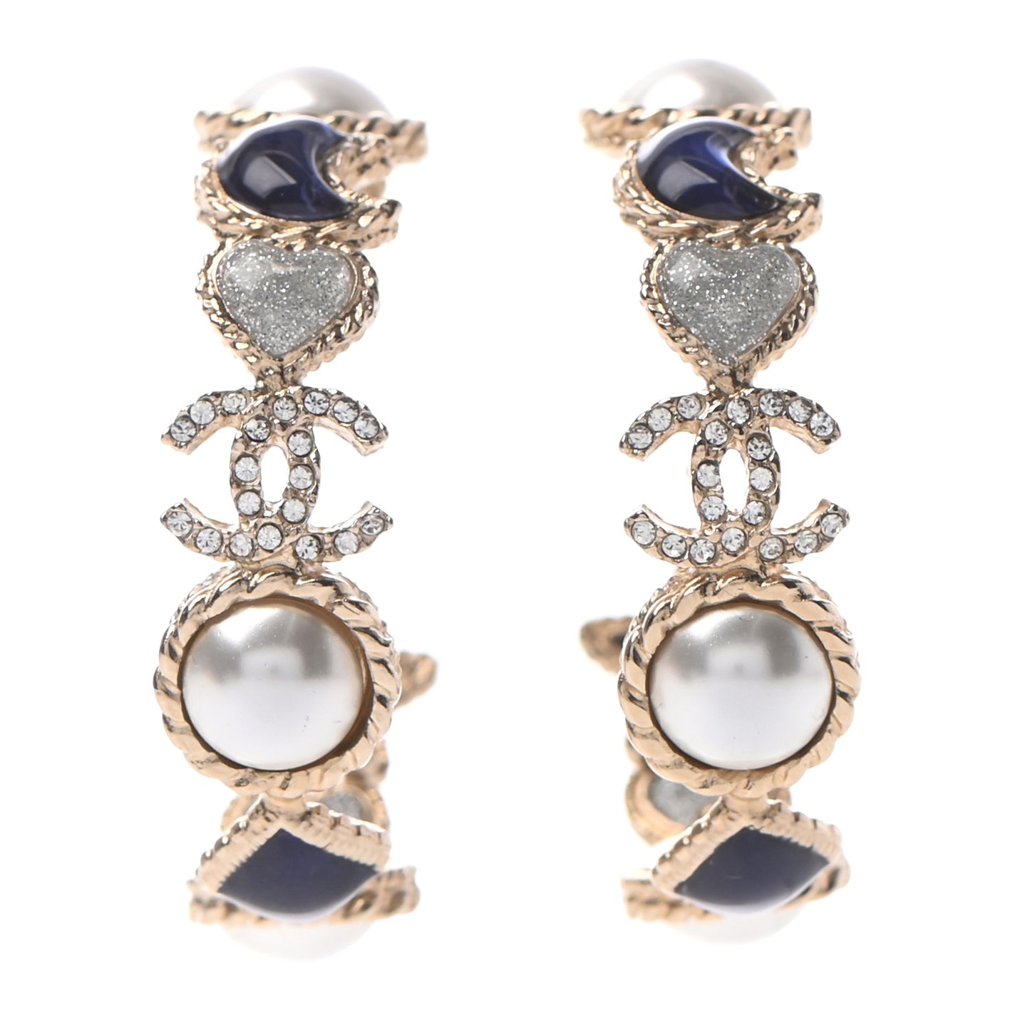 Crystal Pearl CC Hoop Earrings Gold Pearly White Blue