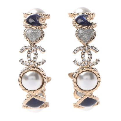 Chanel Crystal Pearl CC Hoop Earrings Gold Pearly White Blue 1 of 4