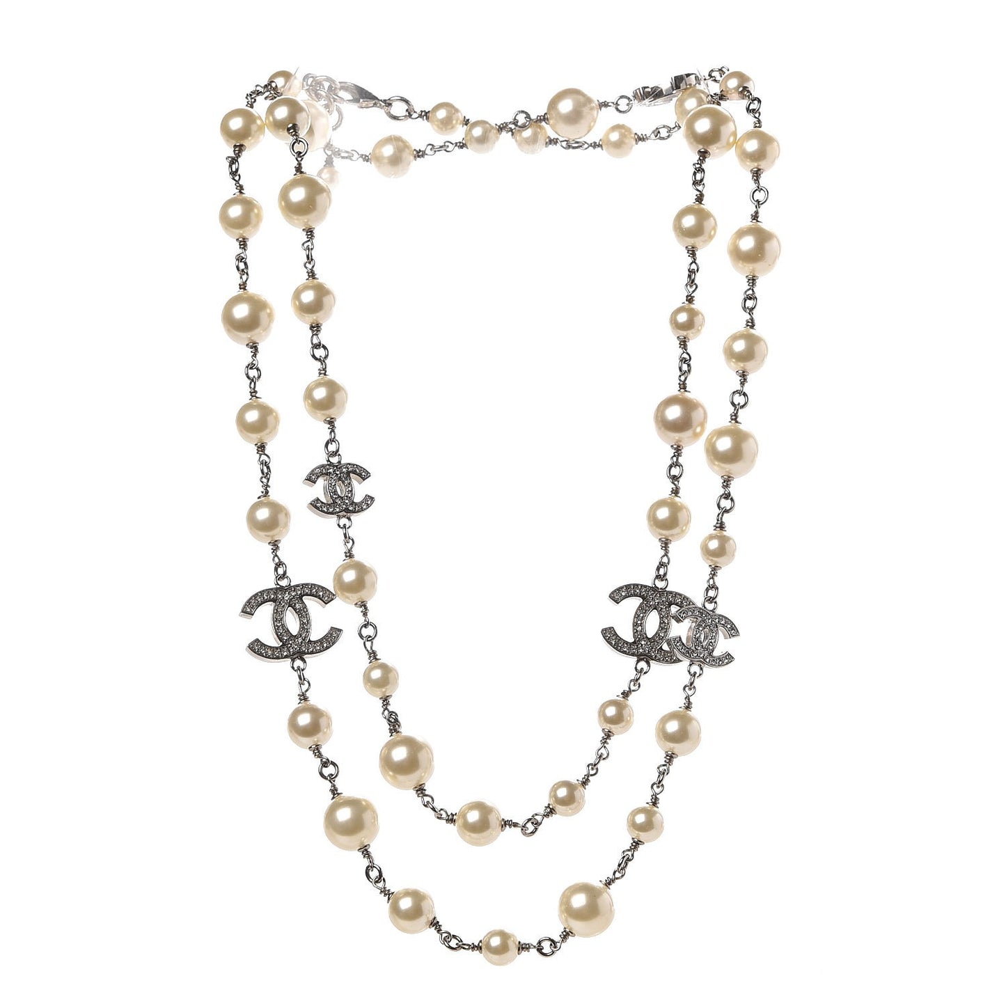 Crystal Pearl CC Long Necklace Silver