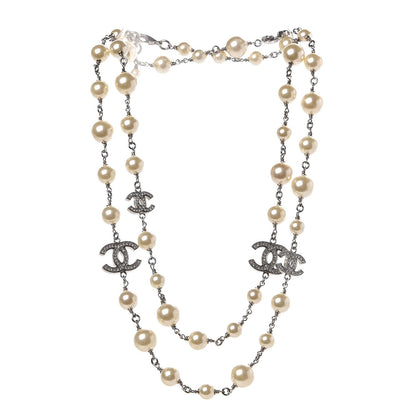Chanel Crystal Pearl CC Long Necklace Silver 3 of 5