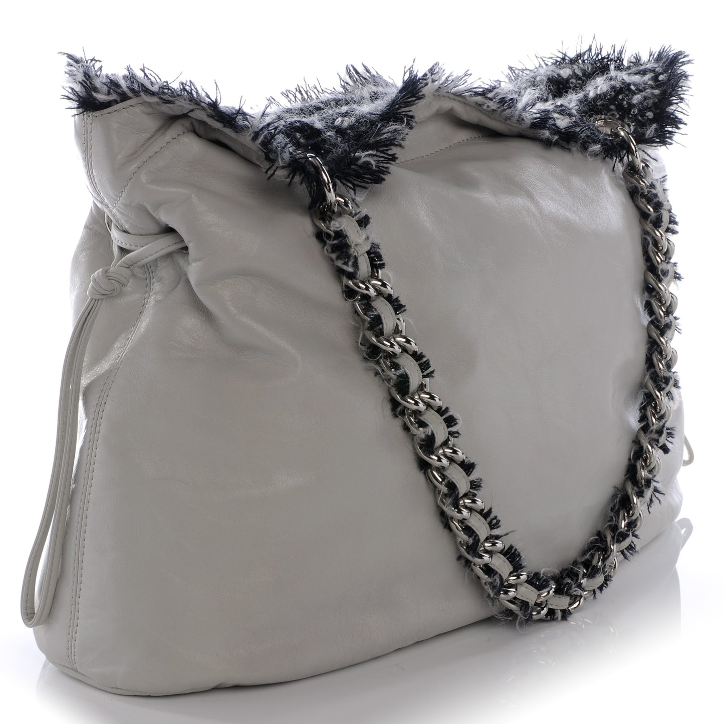 Lambskin Drawstring Tweedy Tote Light Grey