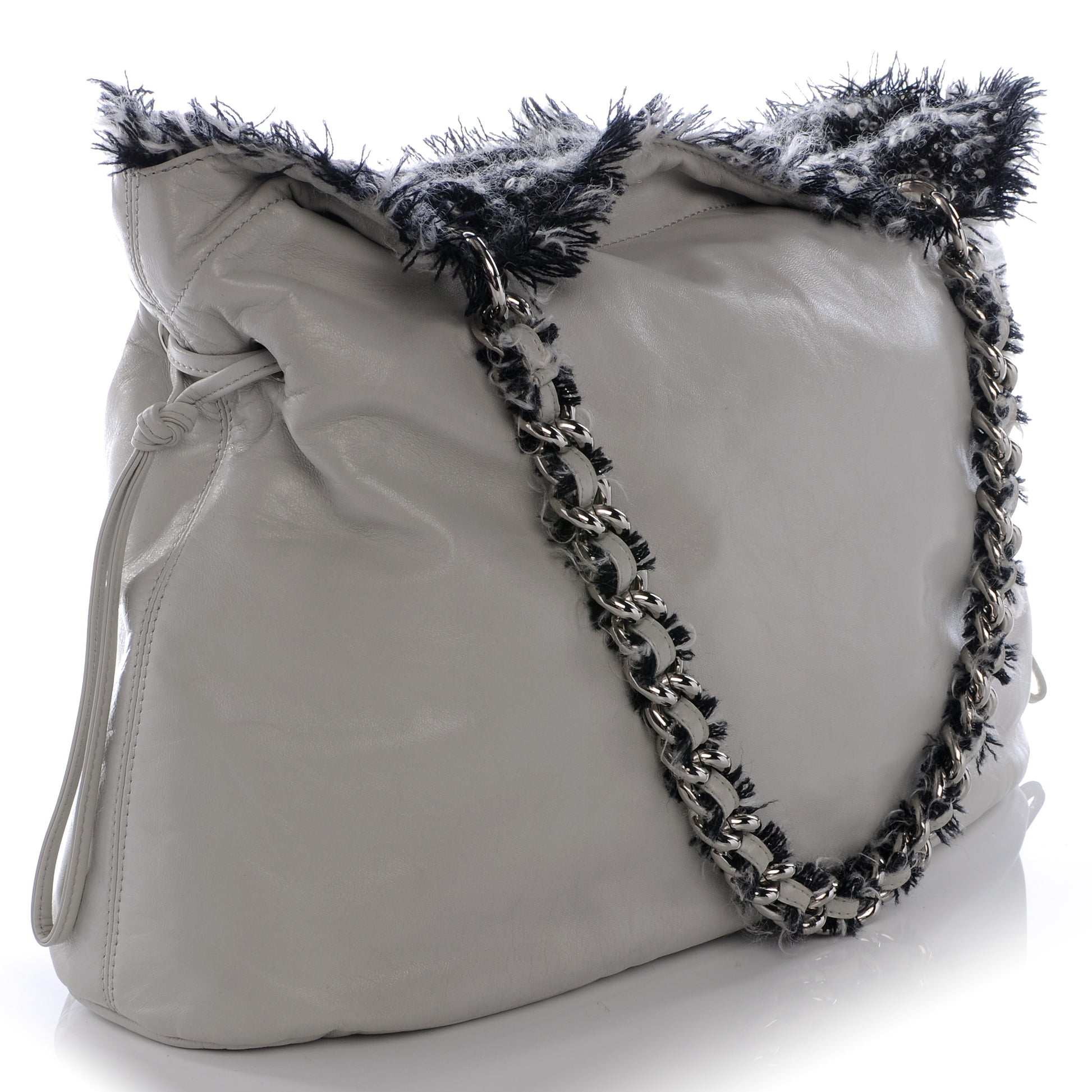 Chanel Lambskin Drawstring Tweedy Tote Light Grey 3 of 10
