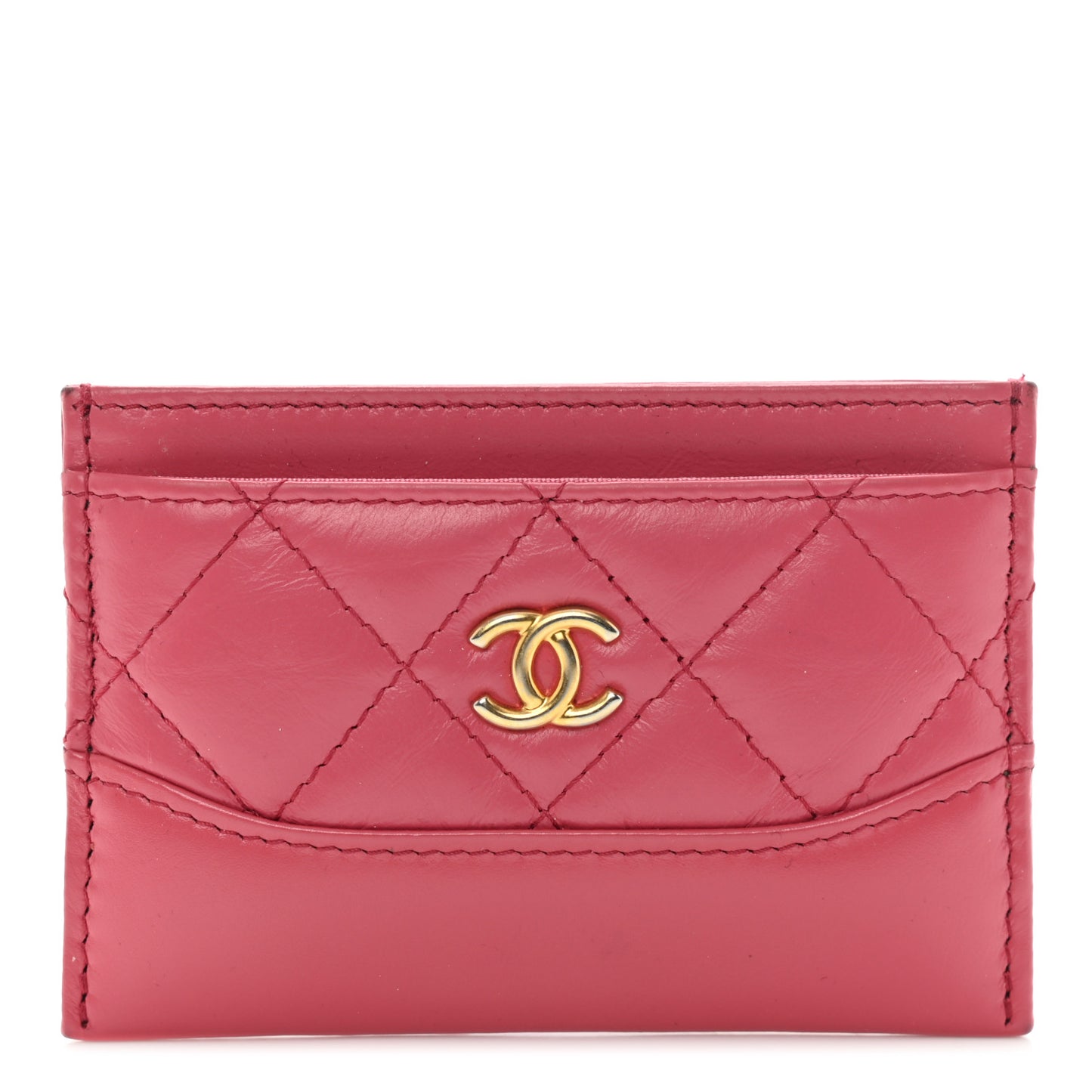 Aged Calfskin Quilted Gabrielle Card Holder Wallet Dark Pink