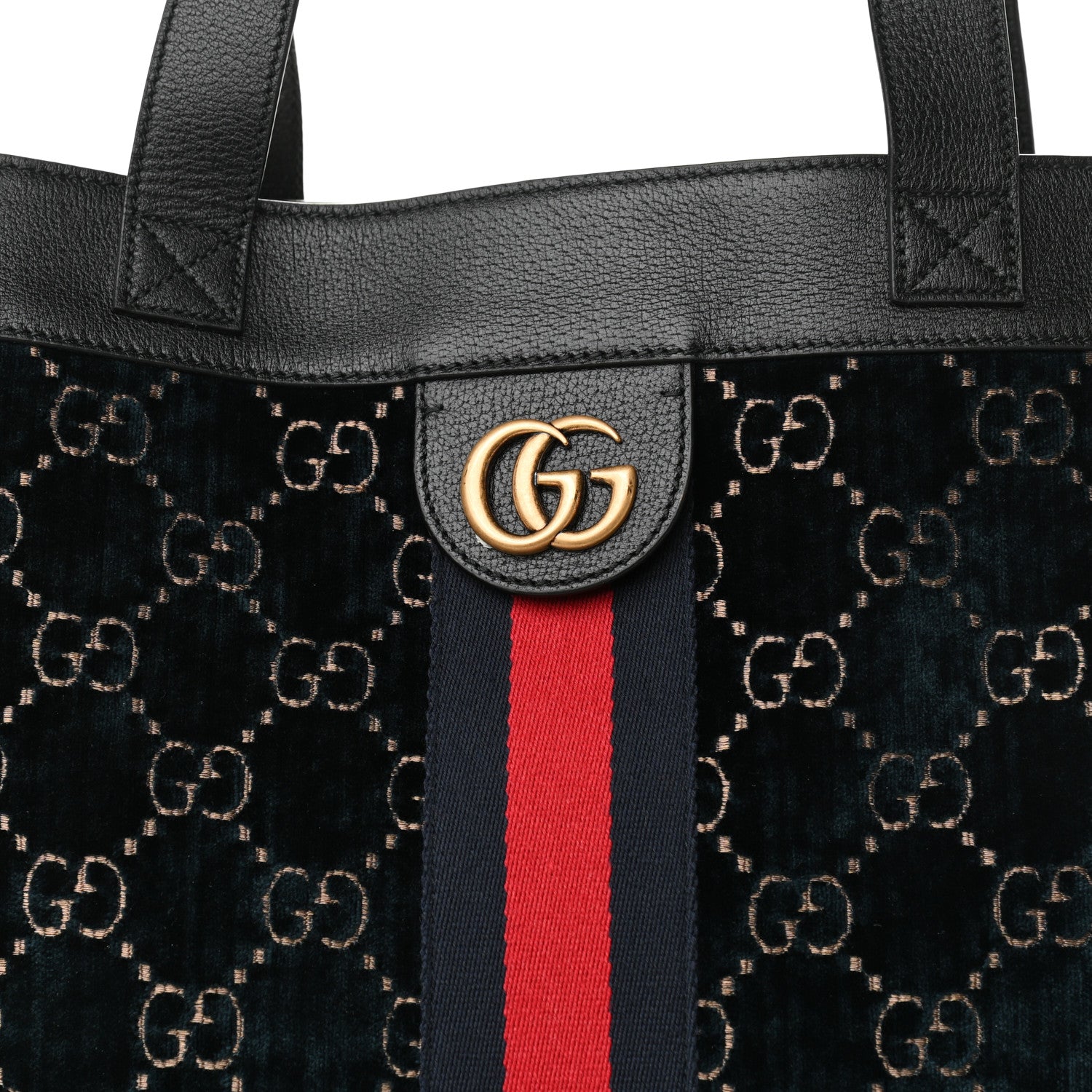 Gucci Velvet GG Monogram Textured Calfskin Web Large Ophidia Vertical Shopping Tote Blue Beige Black 8 of 11