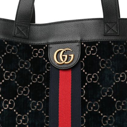 Gucci Velvet GG Monogram Textured Calfskin Web Large Ophidia Vertical Shopping Tote Blue Beige Black 8 of 11