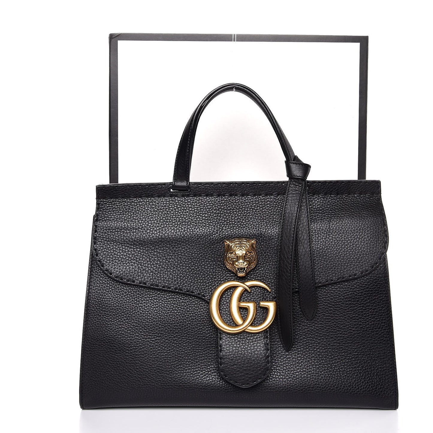Calfskin Feline Medium GG Marmont Top Handle Bag Black