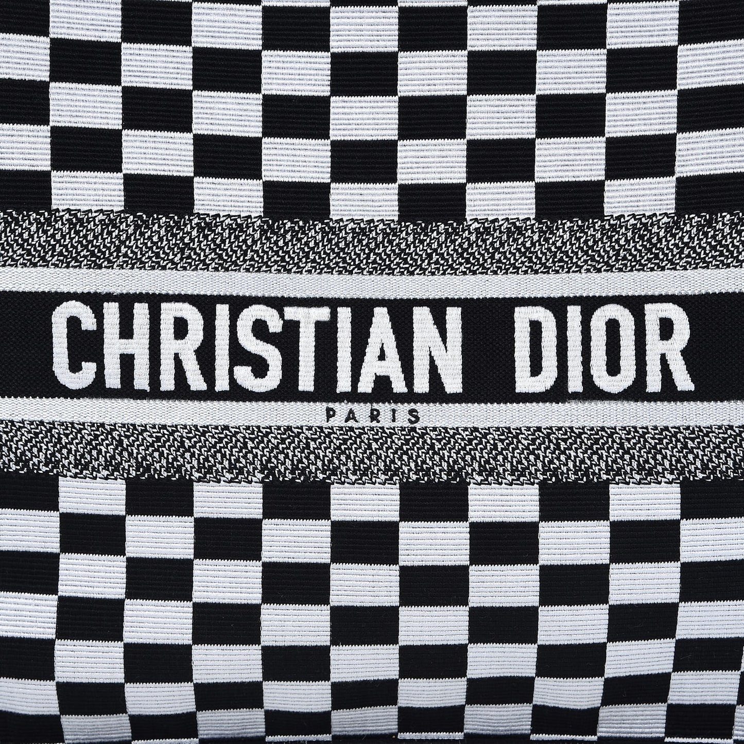 Canvas Embroidered Checkered Book Tote Black White