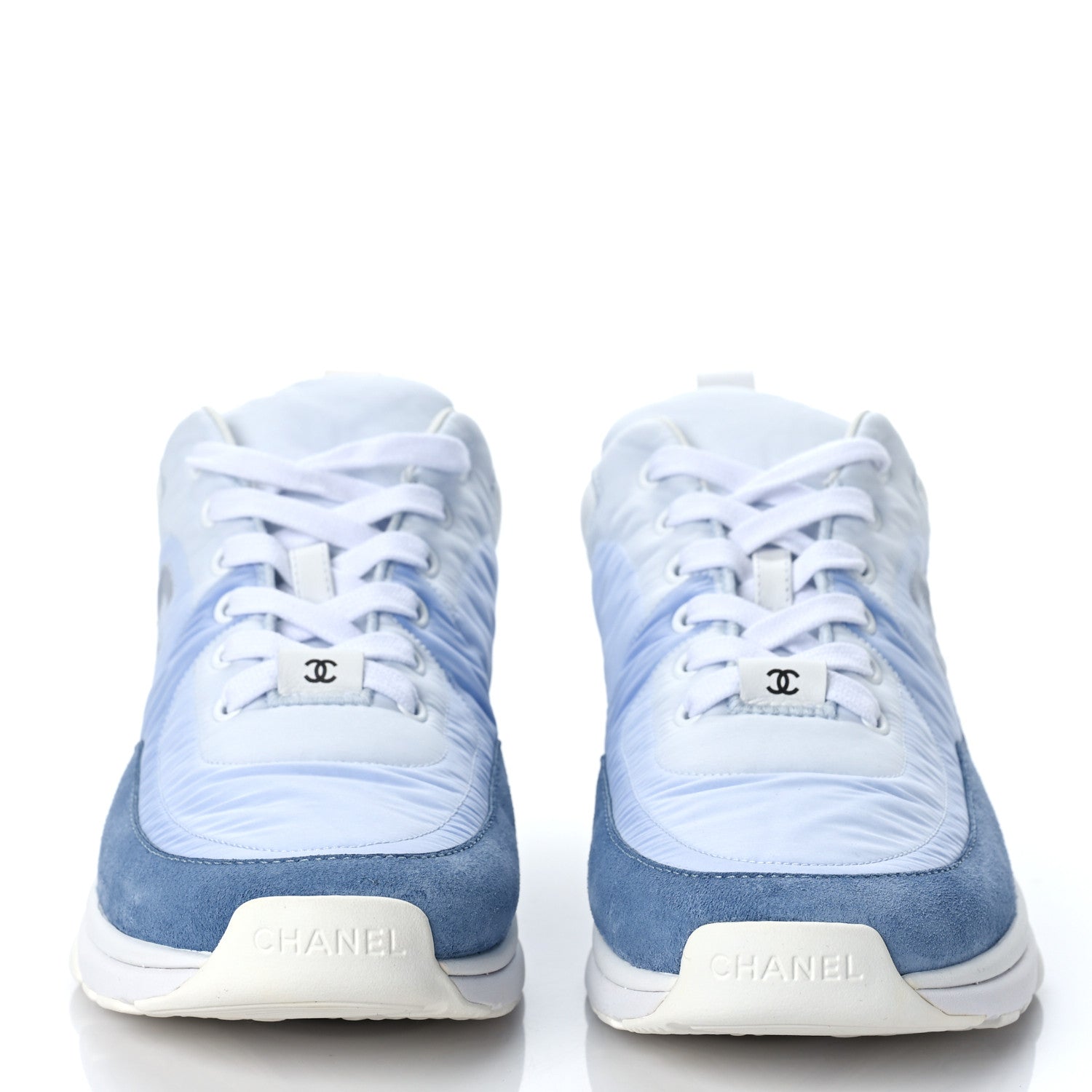Chanel Nylon Calfskin Suede Womens CC Sneakers 39.5 White Grey Blue 2 of 10