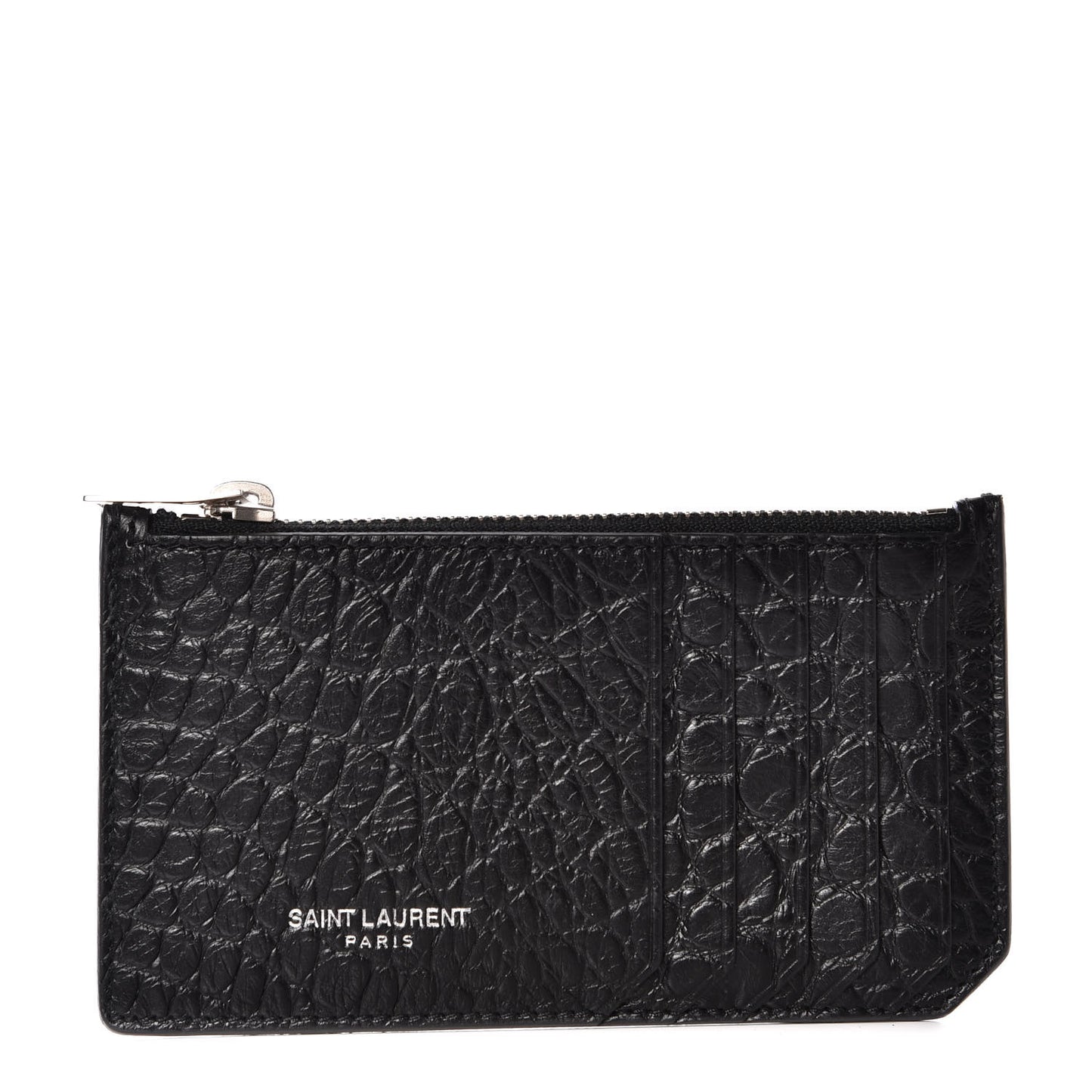 Calfskin Crocodile Embossed 5 Fragments Zip Card Case Black