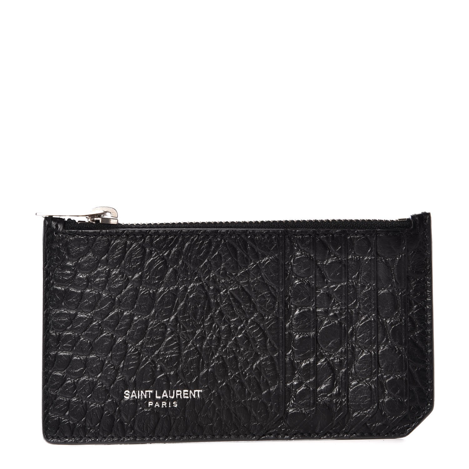 Saint Laurent Calfskin Crocodile Embossed 5 Fragments Zip Card Case Black 1 of 8