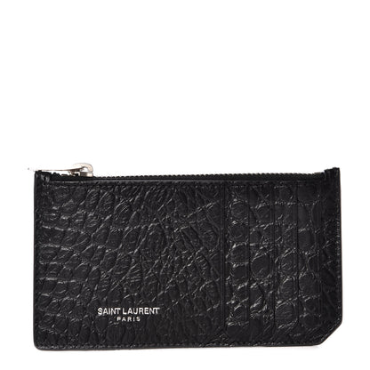 Saint Laurent Calfskin Crocodile Embossed 5 Fragments Zip Card Case Black 1 of 8