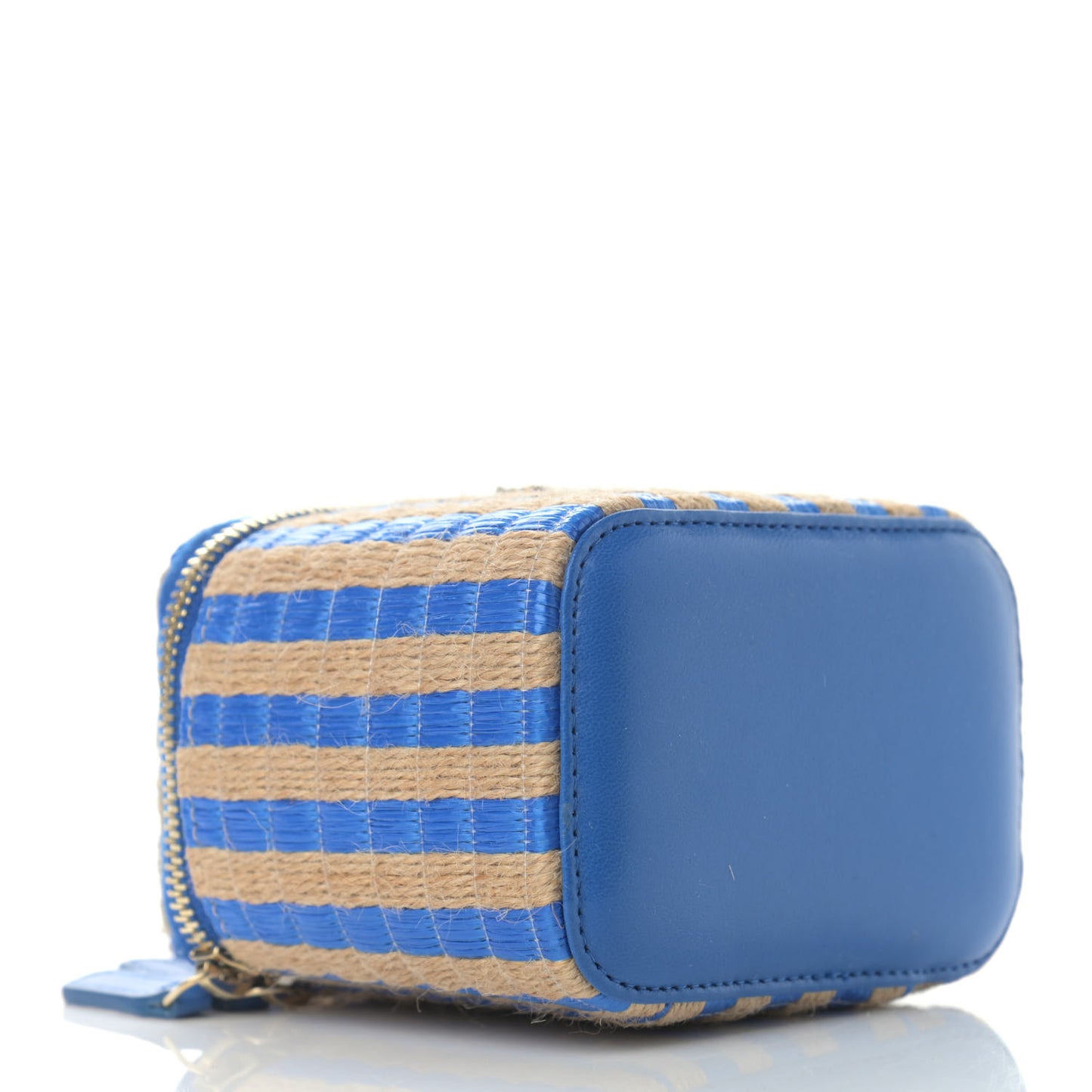 Raffia Jute Striped Mini Vanity Case With Chain Blue Beige