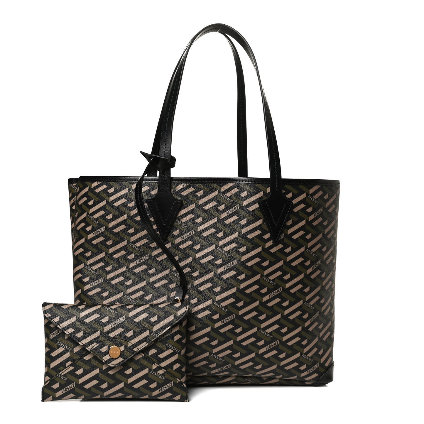Canvas Calfskin Monogram La Greca Medusa Tote Black Khaki