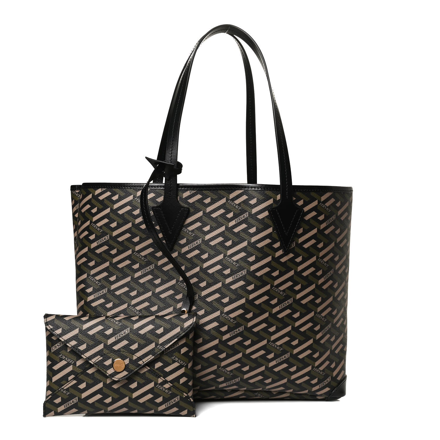 Versace Canvas Calfskin Monogram La Greca Medusa Tote Black Khaki 1 of 11