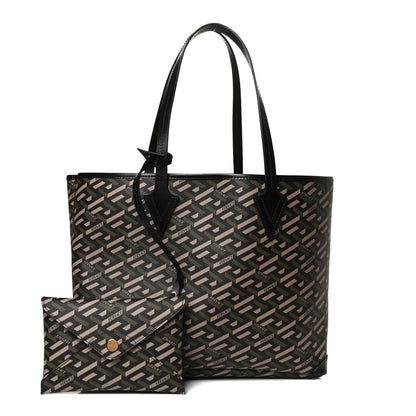 Versace Canvas Calfskin Monogram La Greca Medusa Tote Black Khaki 1 of 11