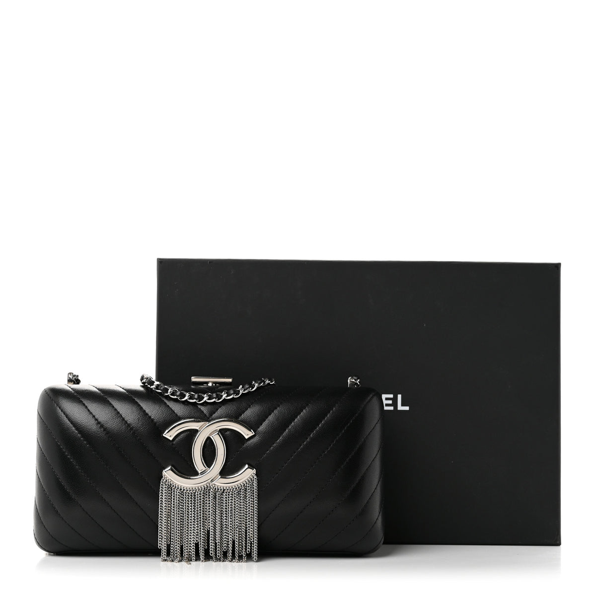 Lambskin Chevron Quilted CC Fringe Clutch Black