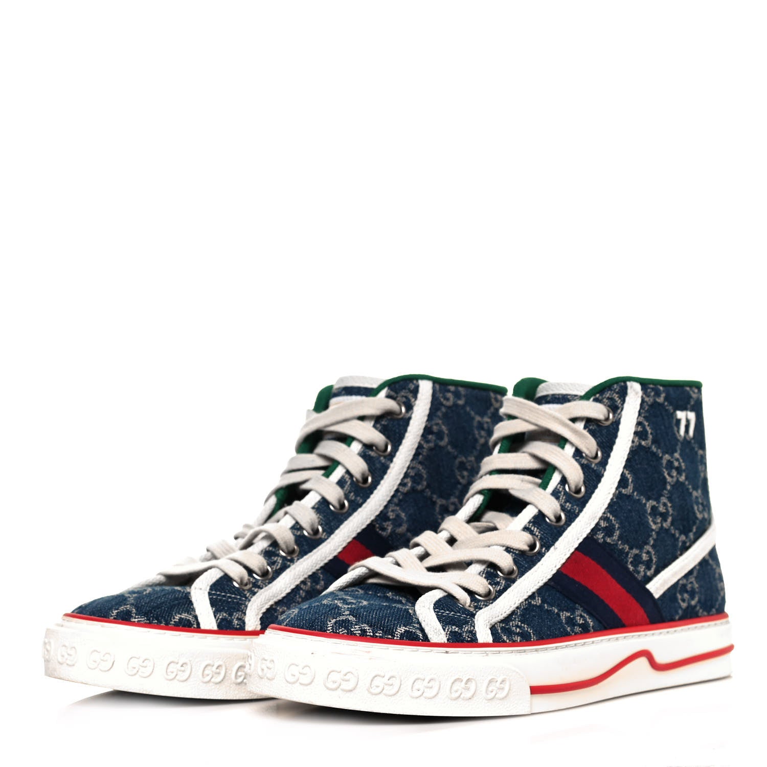 Gucci New Denim GG Monogram Web Womens 1977 Tennis High Top Sneakers 37.5 Blue Tea Mystic White 3 of 10