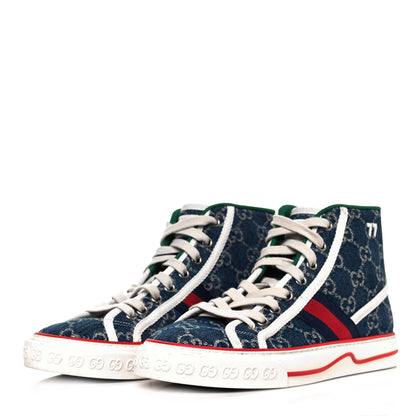 Gucci New Denim GG Monogram Web Womens 1977 Tennis High Top Sneakers 37.5 Blue Tea Mystic White 3 of 10