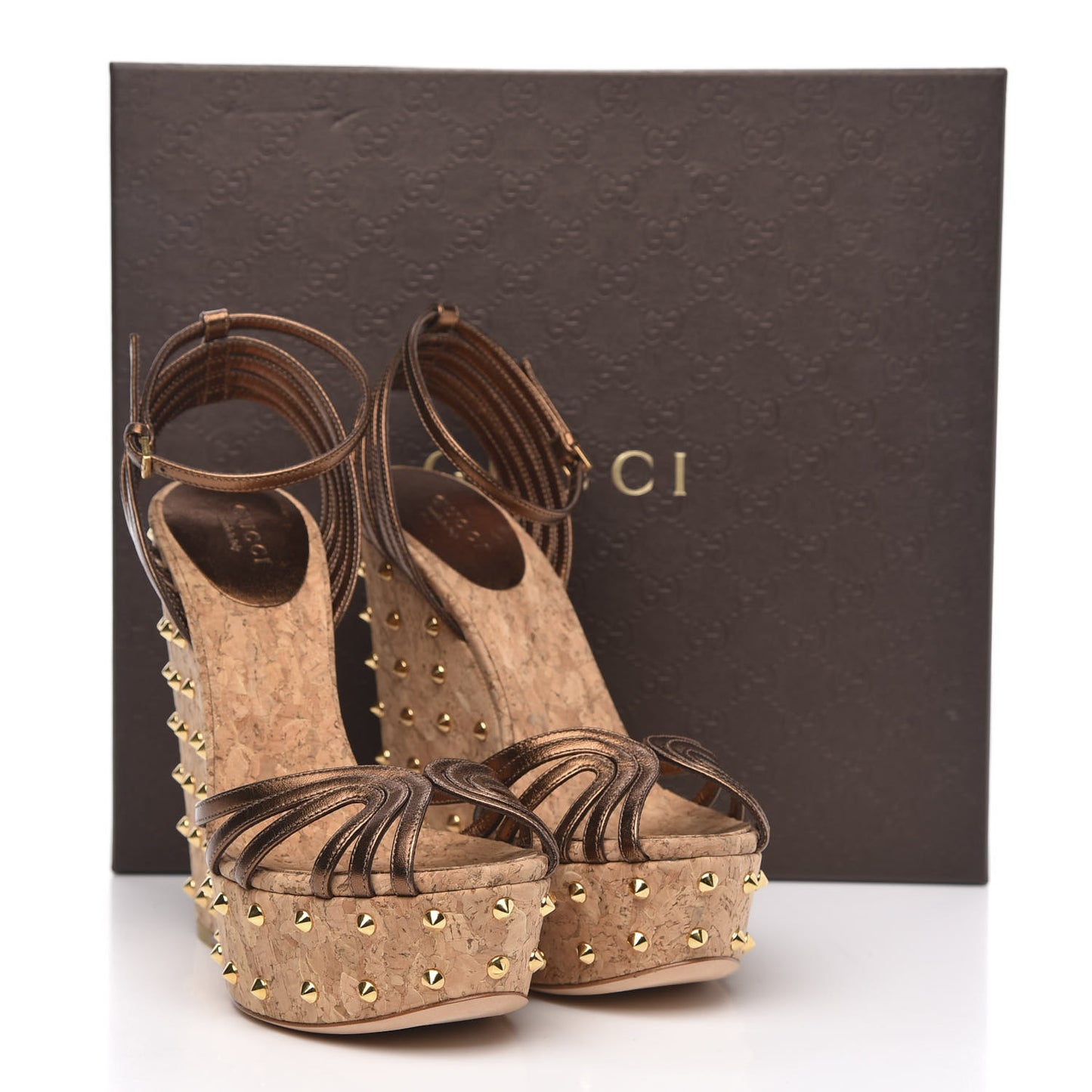 Metallic Calfskin Cork Stud Wedge Sandals 37 Brown