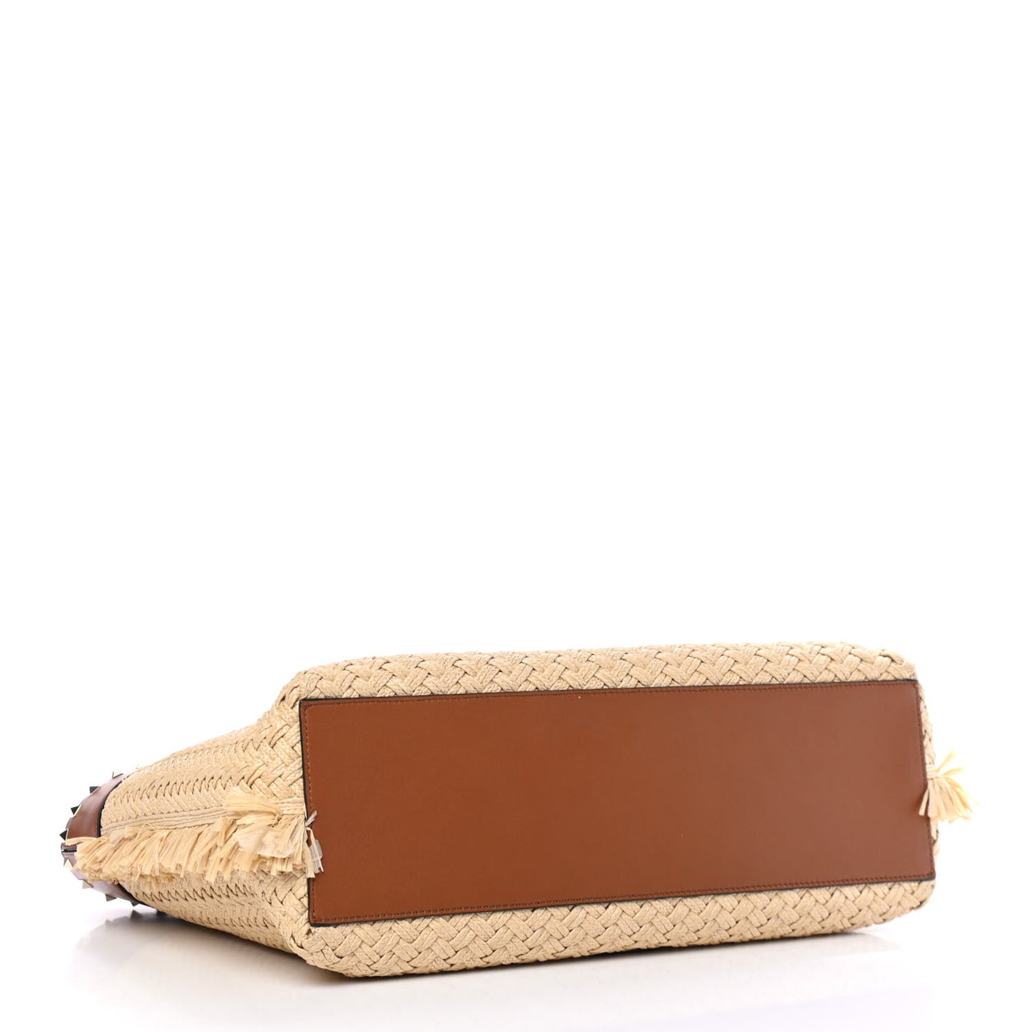 Raffia Calfskin Rockstud Shoulder Tote Naturale Saddle Brown