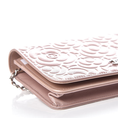 Chanel Goatskin Camellia Embossed Wallet On Chain WOC Light Pink 10 of 12