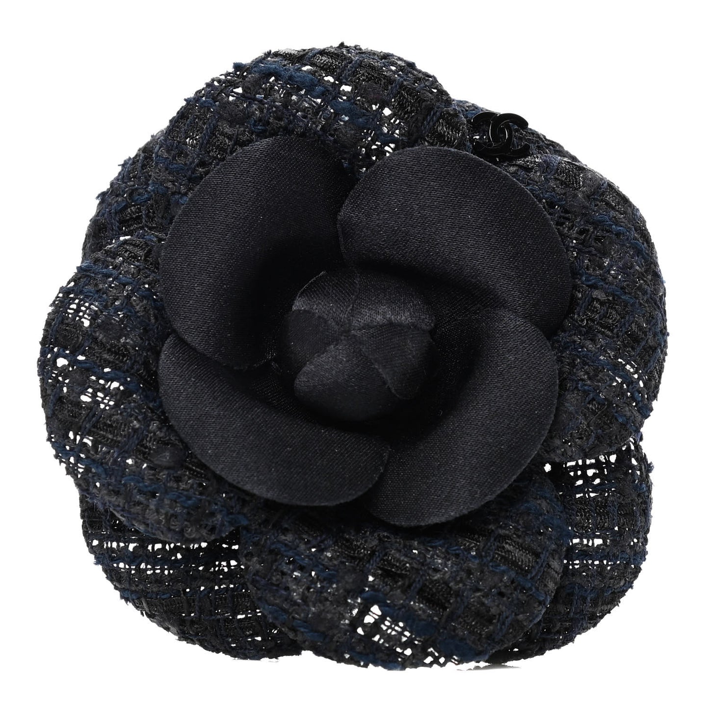 Tweed Camellia Pin Brooch Navy Blue