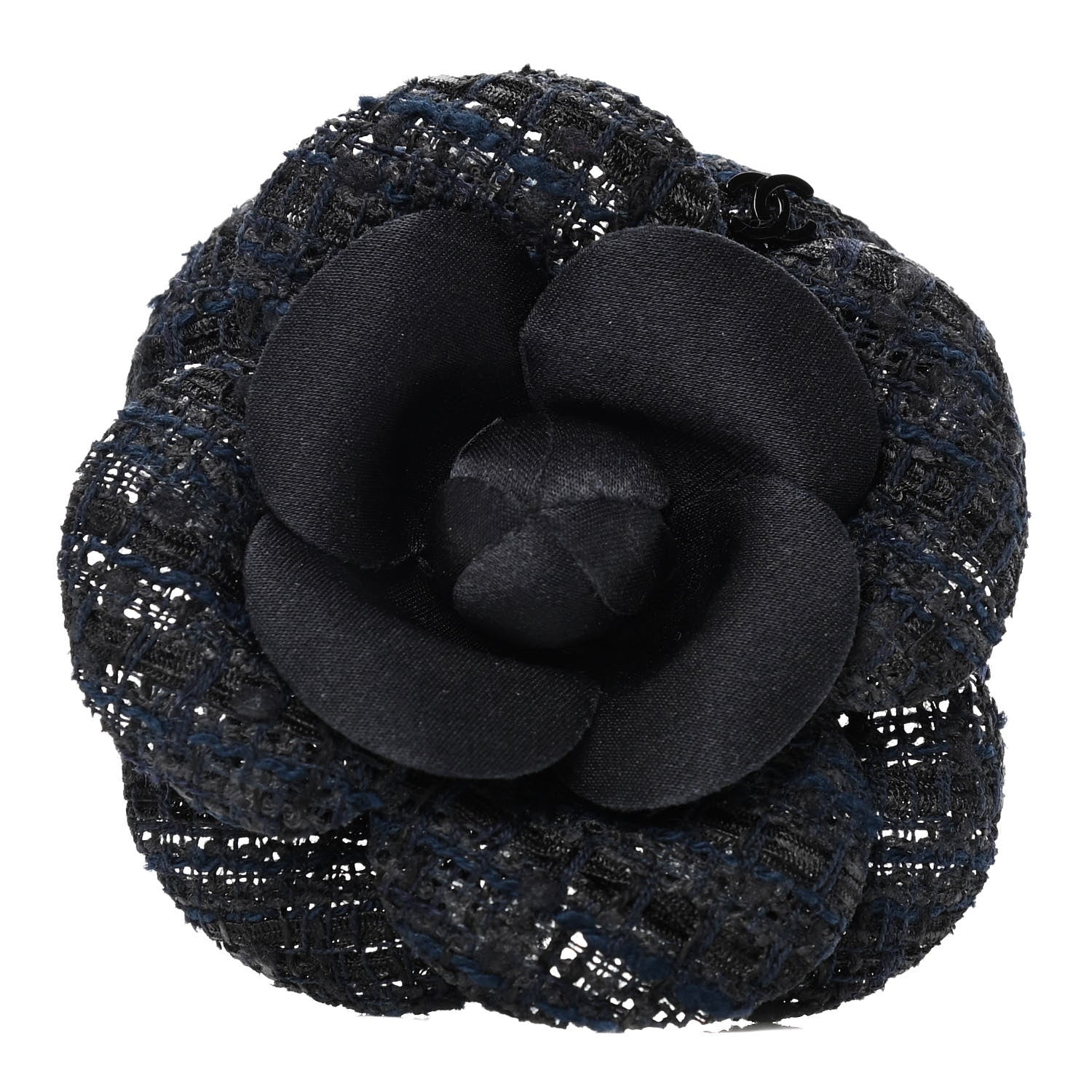 Chanel Tweed Camellia Pin Brooch Navy Blue 1 of 2