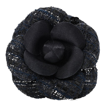 Chanel Tweed Camellia Pin Brooch Navy Blue 1 of 2