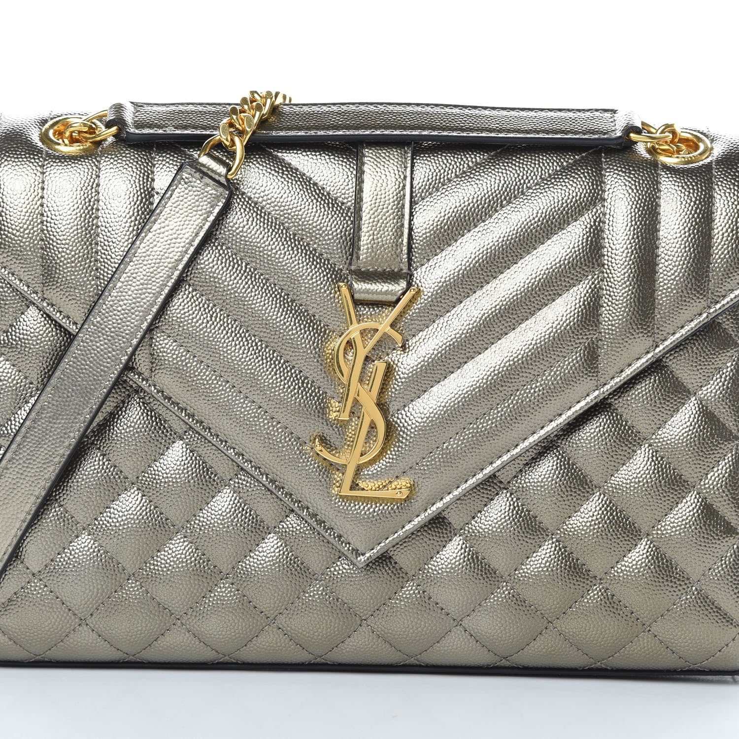 Saint Laurent Metallic Grain De Poudre Textured Mixed Matelasse Triquilt Medium Monogram Satchel Piombo 8 of 10