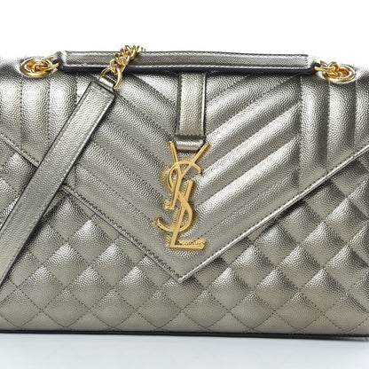Saint Laurent Metallic Grain De Poudre Textured Mixed Matelasse Triquilt Medium Monogram Satchel Piombo 8 of 10