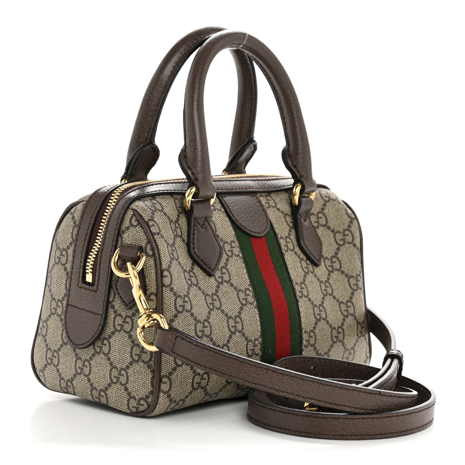 Gucci GG Supreme Monogram Textured Dollar Calfskin Web Mini Ophidia Top Handle Bag Beige Dark Brown 3 of 13