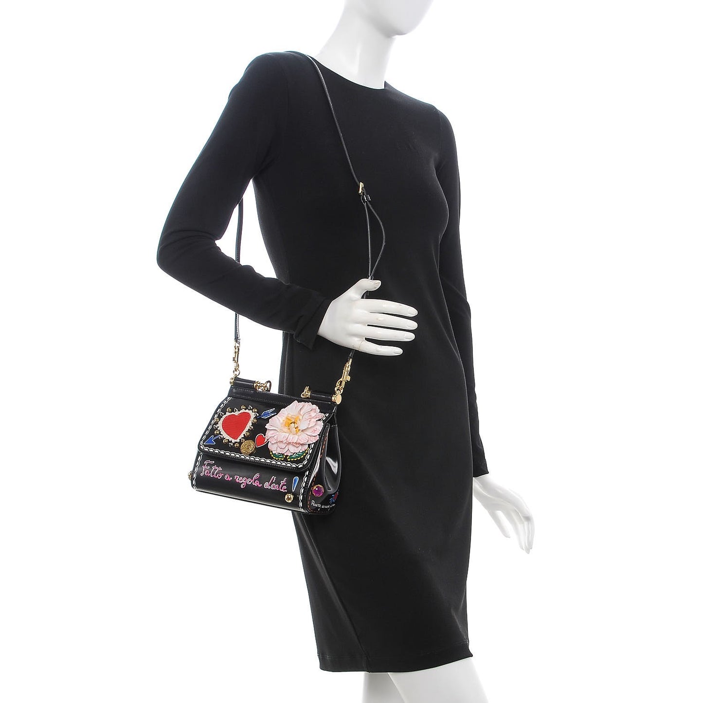 Glazed Calfskin Embroidered Medium Heart Flower Miss Sicily Satchel Black