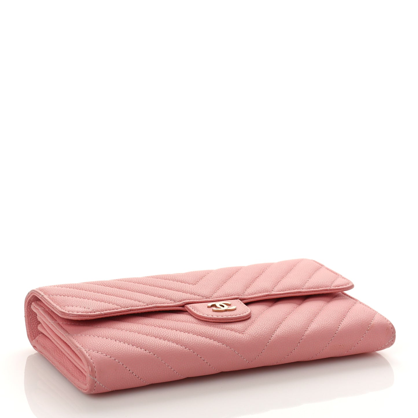 Caviar Chevron Quilted Large Gusset Flap Wallet Pink