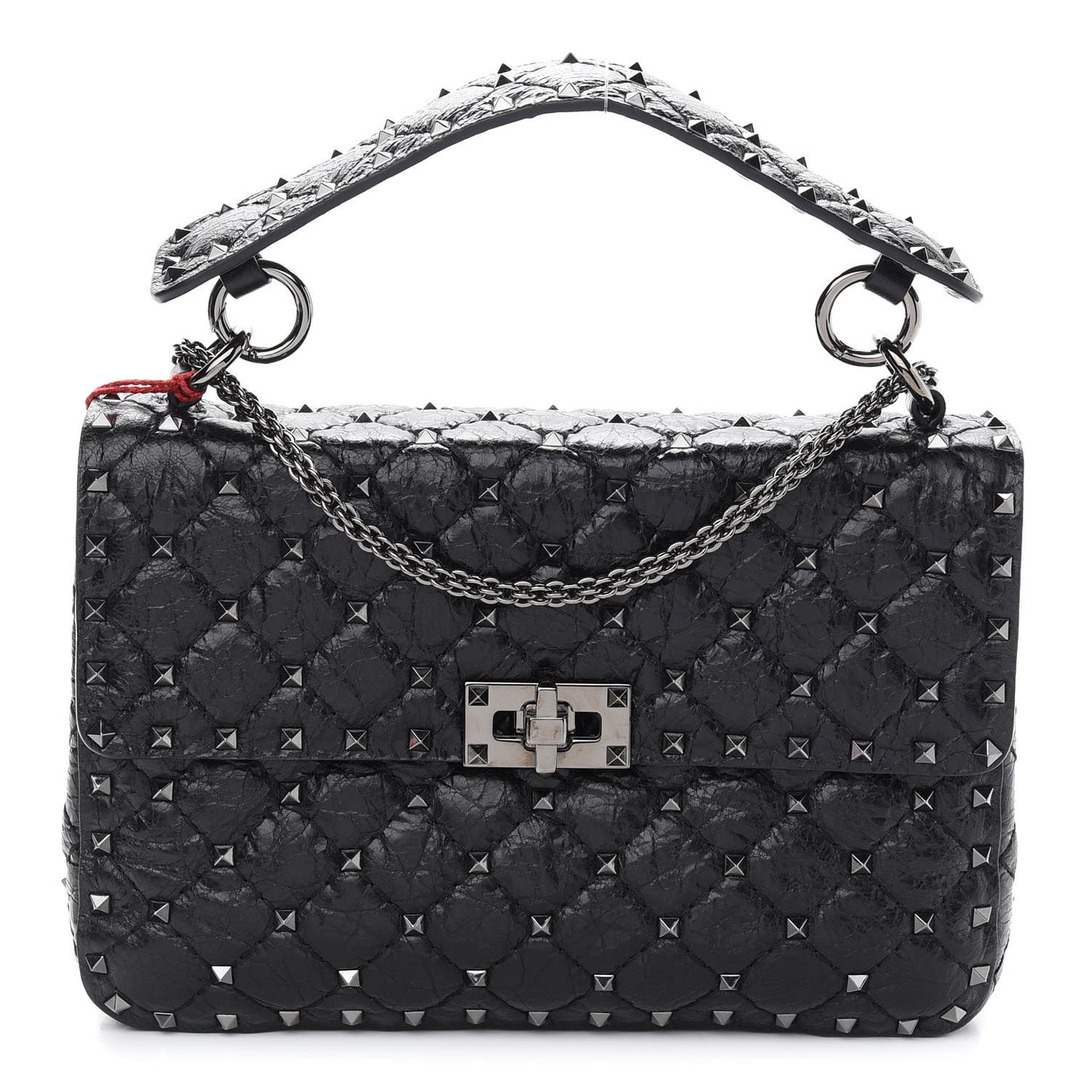 Craquele Nappa Medium Rockstud Spike Shoulder Bag Black