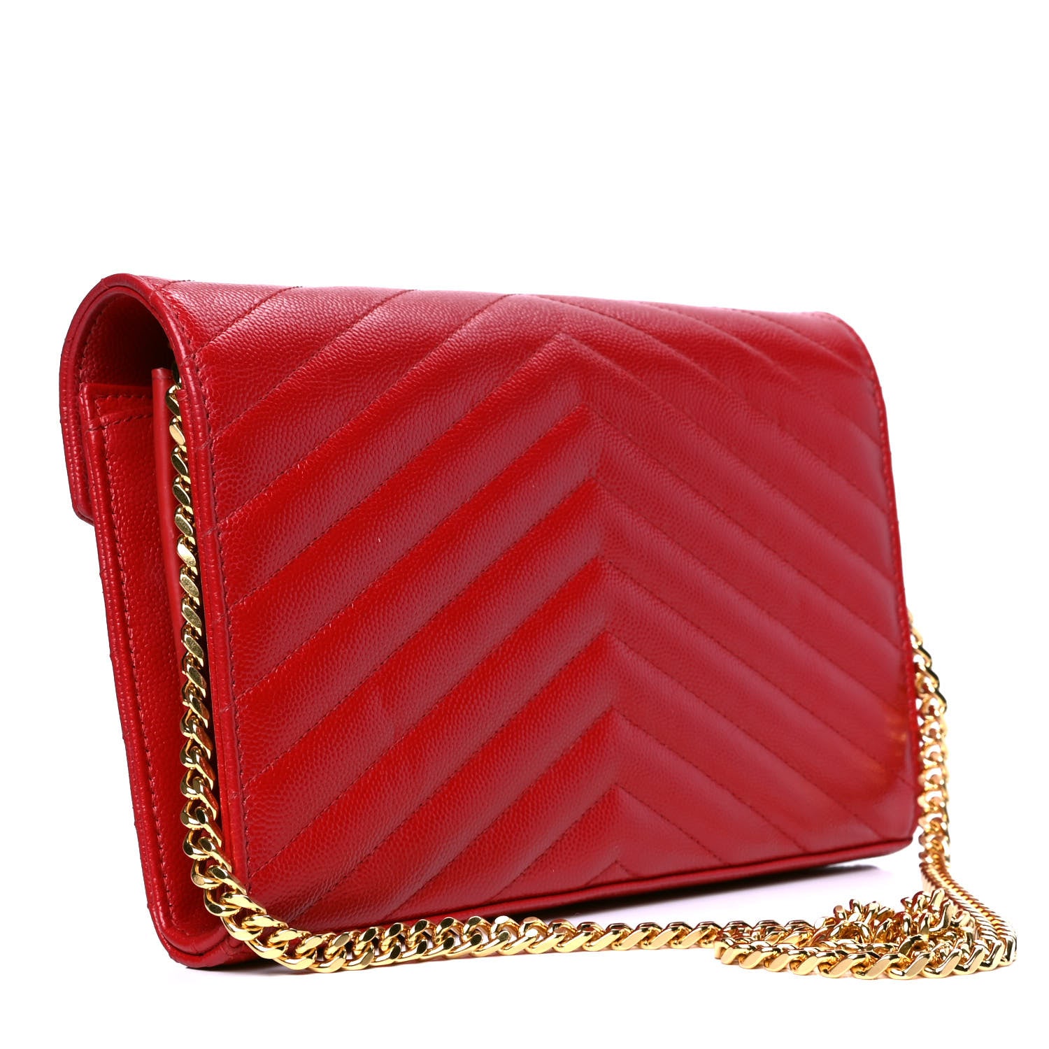 Saint Laurent Grain De Poudre Matelasse Chevron Monogram Chain Wallet New Red 2 of 5