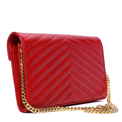 Saint Laurent Grain De Poudre Matelasse Chevron Monogram Chain Wallet New Red 2 of 5