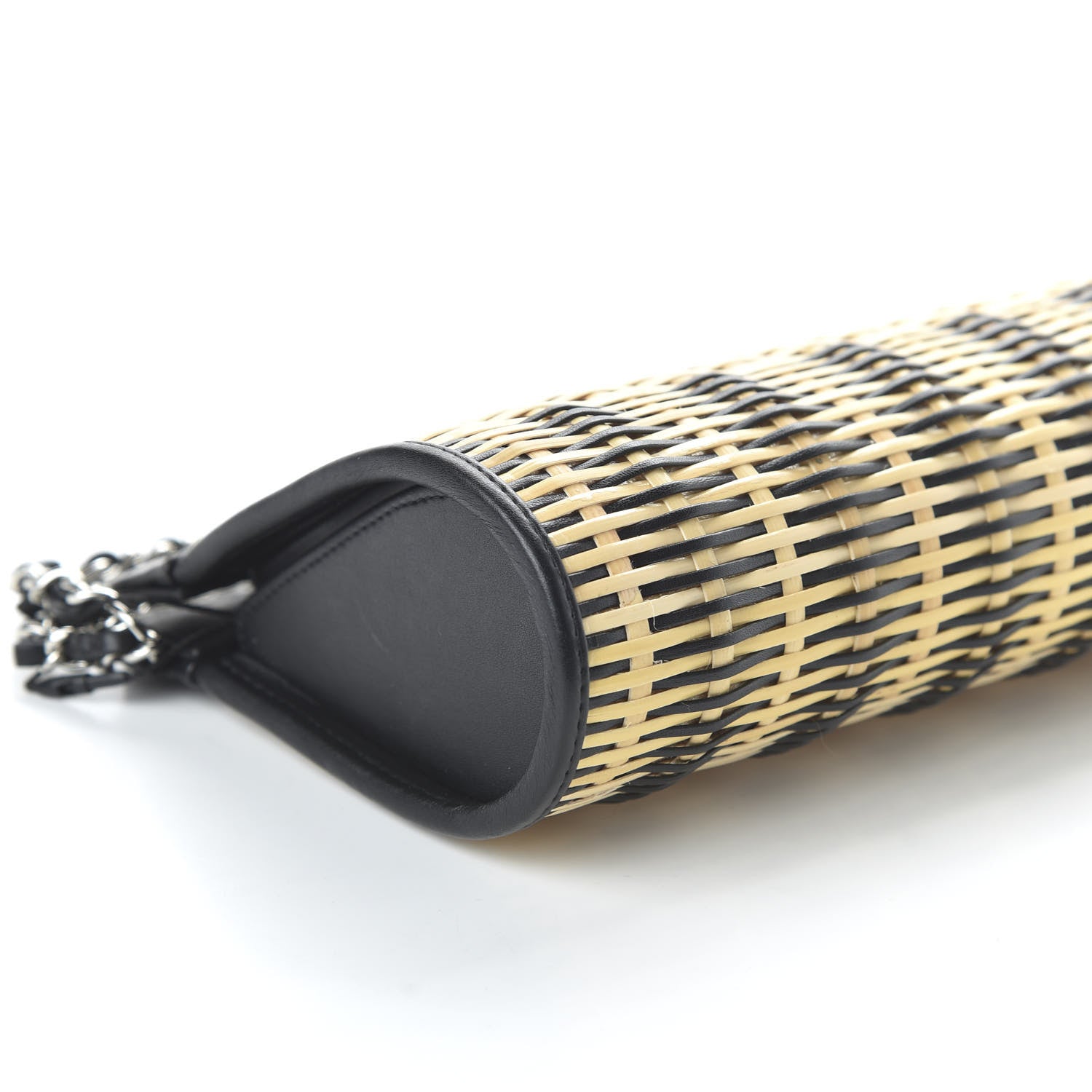 Chanel Rattan Calfskin CC Chain Wristlet Clutch Black Beige 6 of 12
