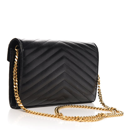 Saint Laurent Grain De Poudre Matelasse Chevron Monogram Chain Wallet Black 2 of 9