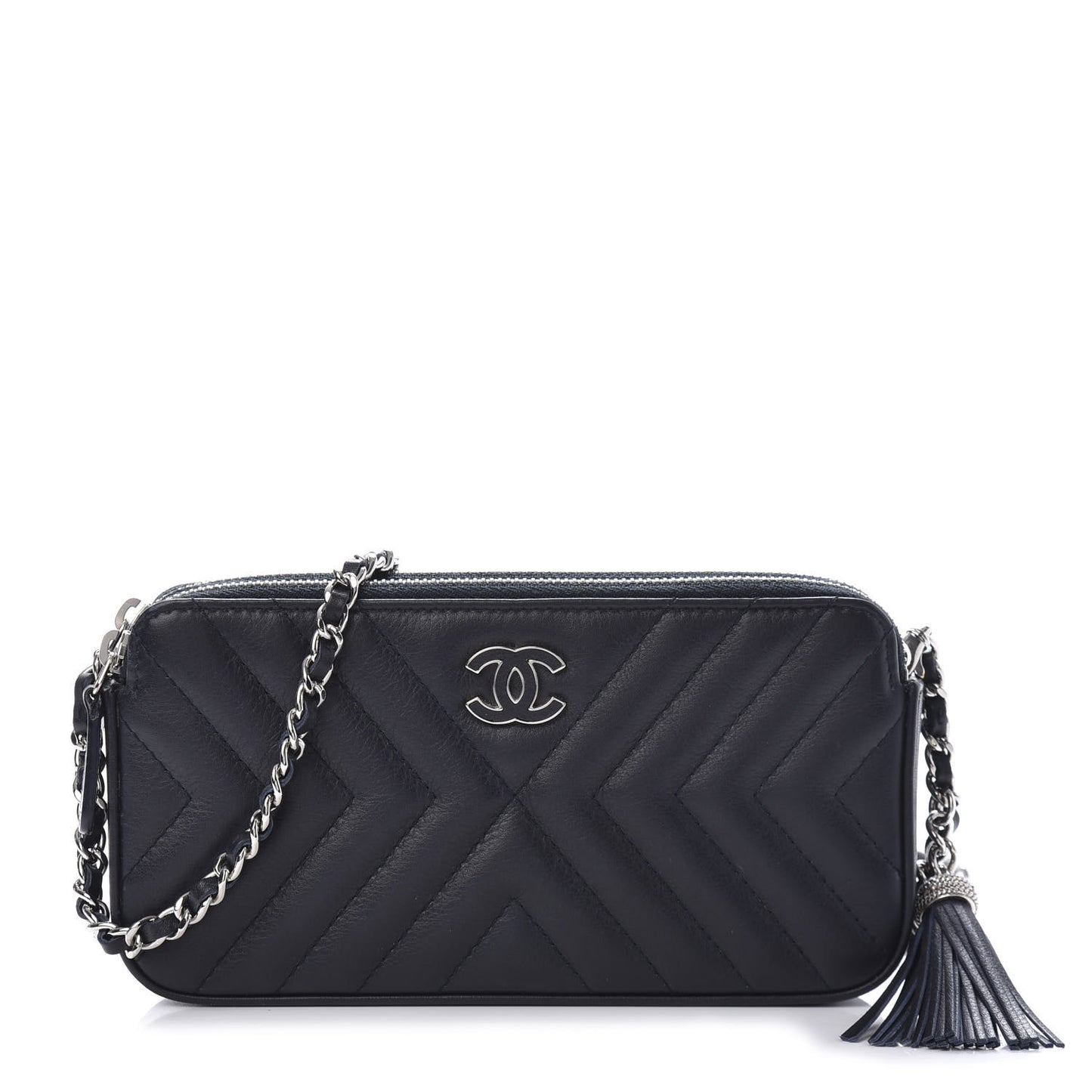 Calfskin Chevron Quilted Tassel Clutch With Chain Navy