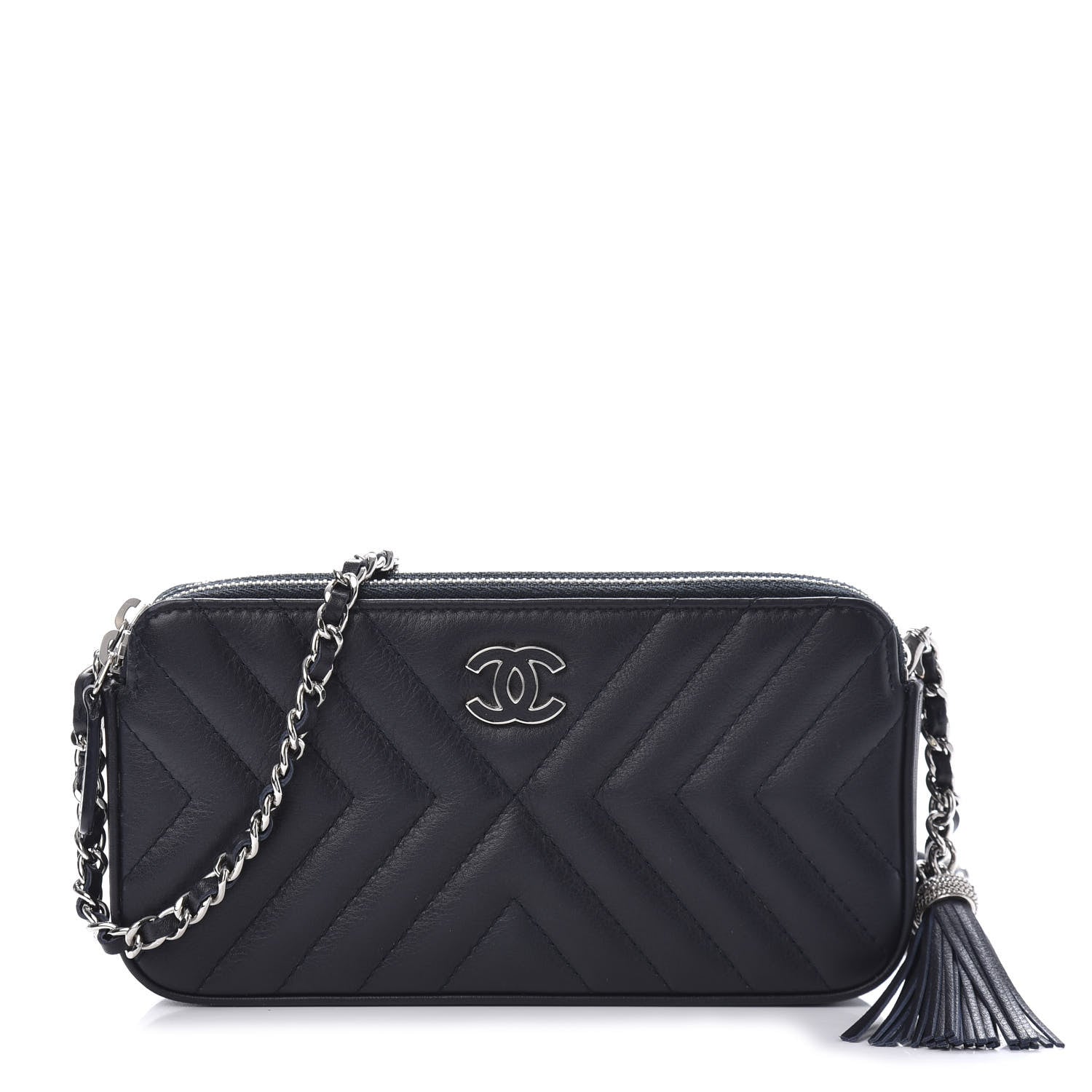 Chanel Calfskin Chevron Quilted Tassel Clutch With Chain Navy 1 of 19