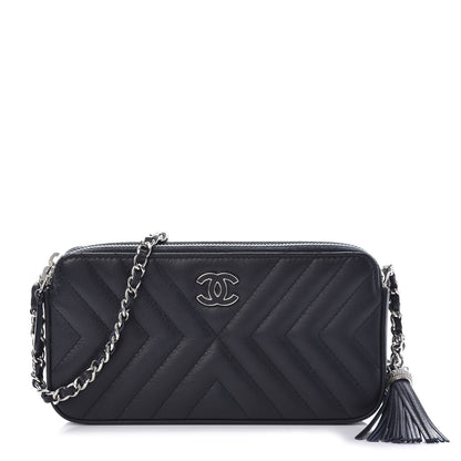 Chanel Calfskin Chevron Quilted Tassel Clutch With Chain Navy 1 of 19