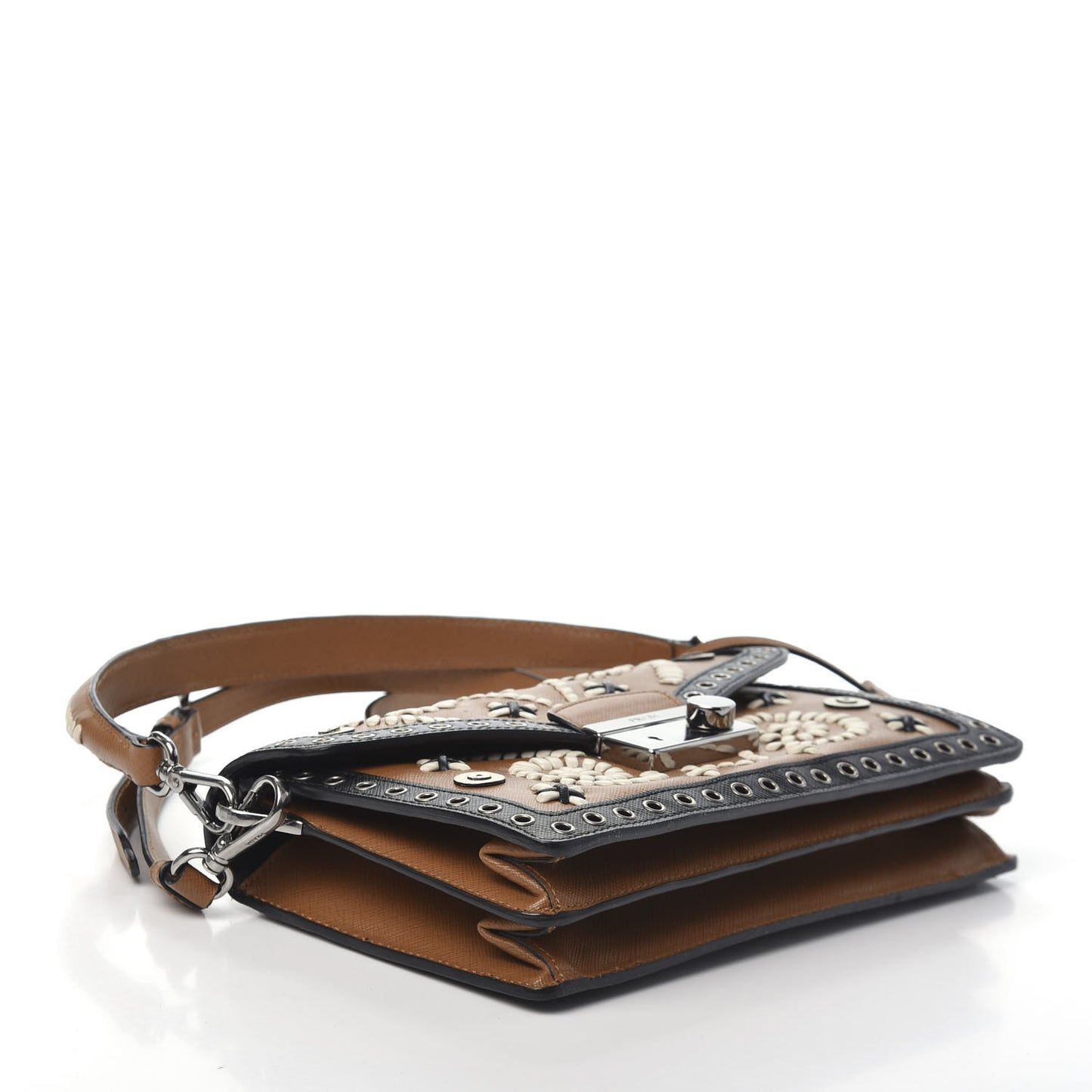 Saffiano Embroidered Pattina Sound Shoulder Bag Caramel