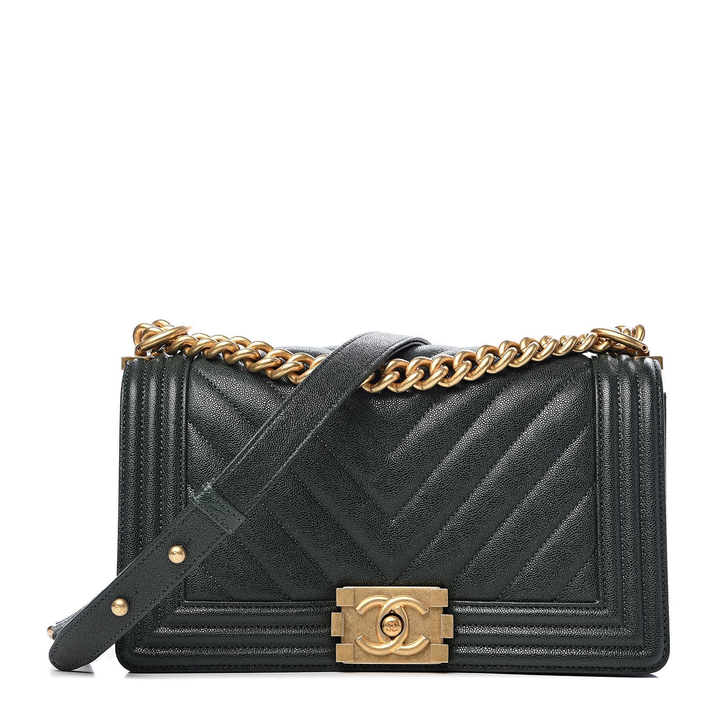 Caviar Chevron Quilted Medium Boy Flap Dark Green