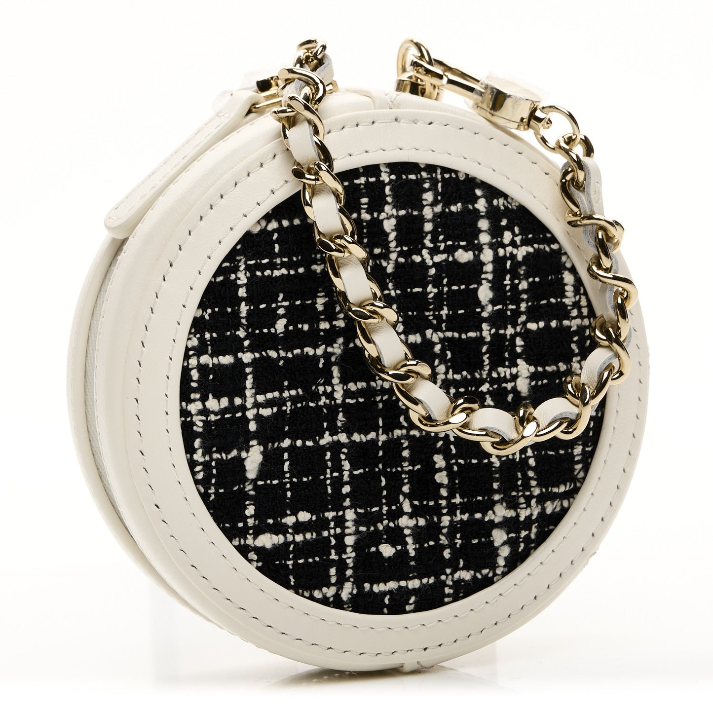 Tweed Quilted Round Filigree Pouch With Chain White Black