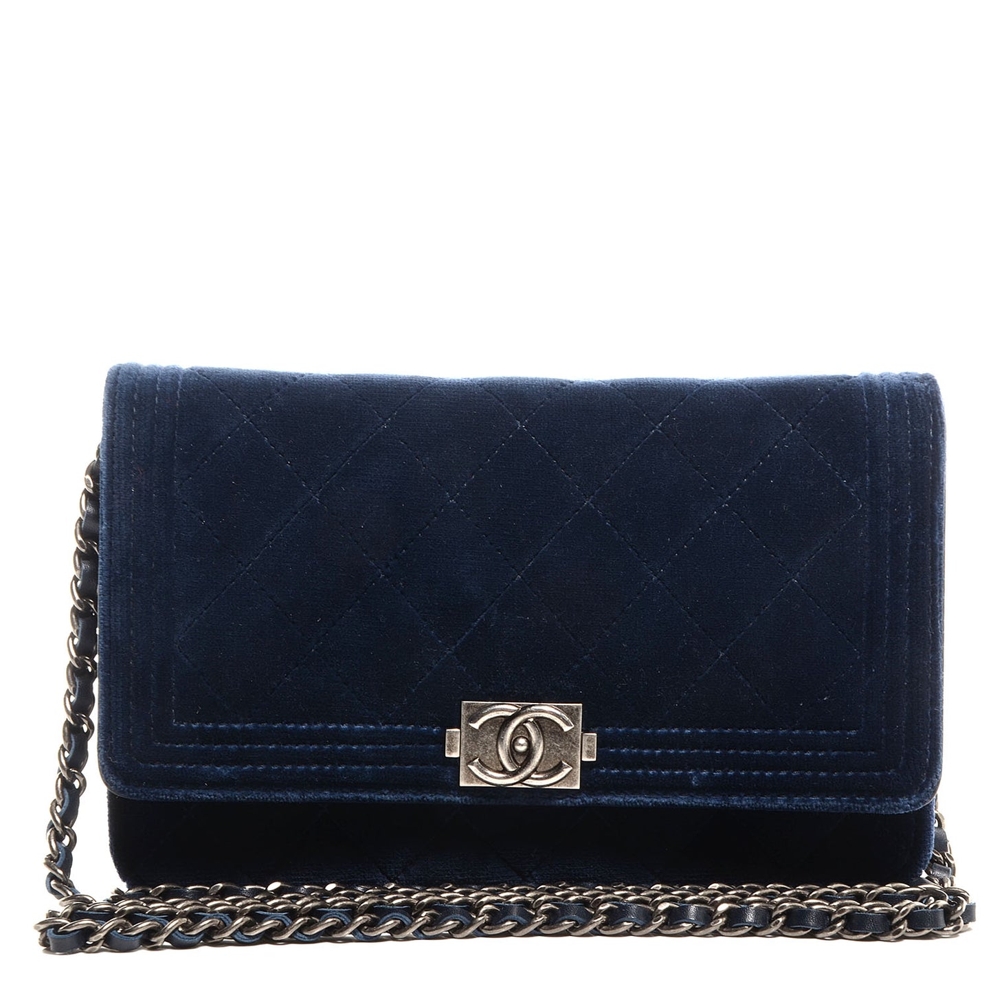 Velvet Quilted Boy Wallet On Chain WOC Navy
